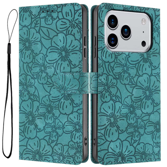 Compatible with iPhone 18 Pro Max Cherry Blossoms Embossed Leather Phone Case - Green