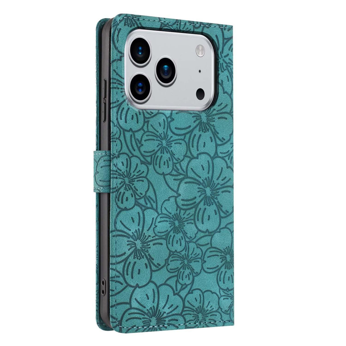 Compatible with iPhone 18 Pro Max Cherry Blossoms Embossed Leather Phone Case - Green
