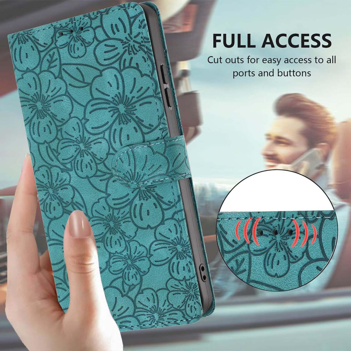 Compatible with iPhone 18 Pro Max Cherry Blossoms Embossed Leather Phone Case - Green