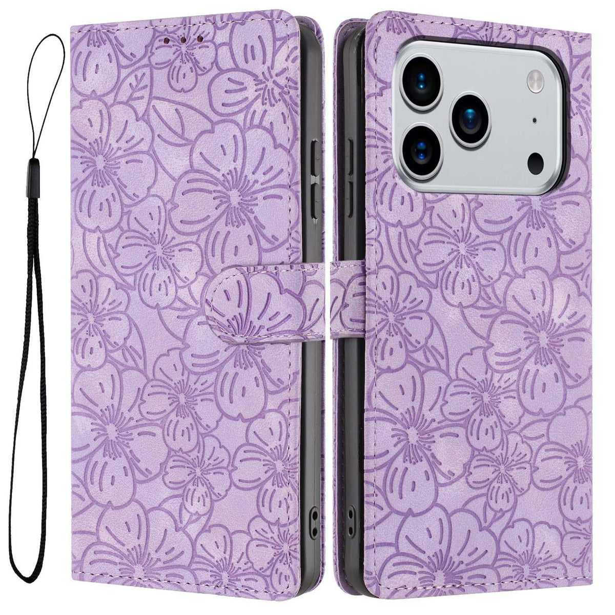 Compatible with iPhone 18 Pro Max Cherry Blossoms Embossed Leather Phone Case - Purple
