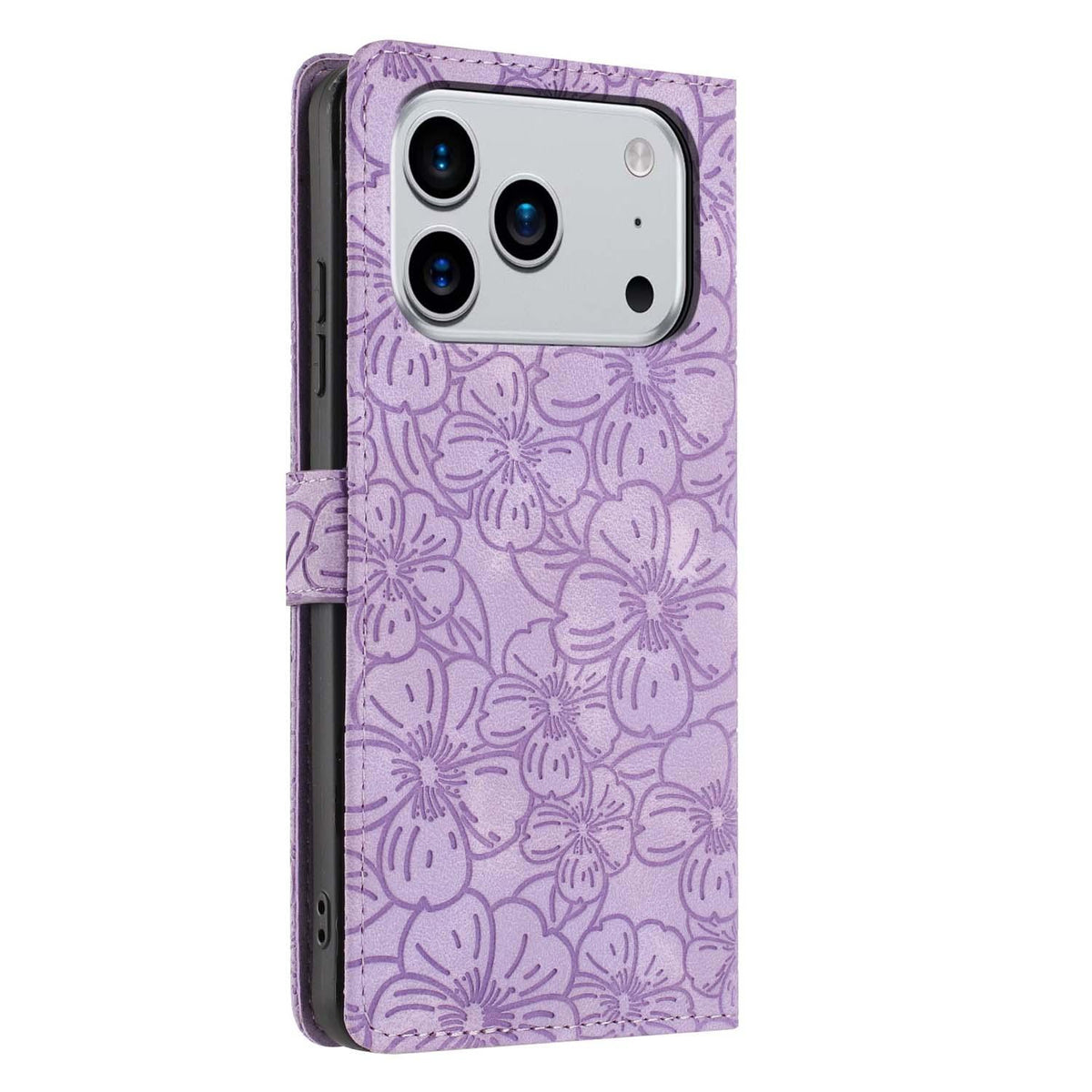 Compatible with iPhone 18 Pro Max Cherry Blossoms Embossed Leather Phone Case - Purple
