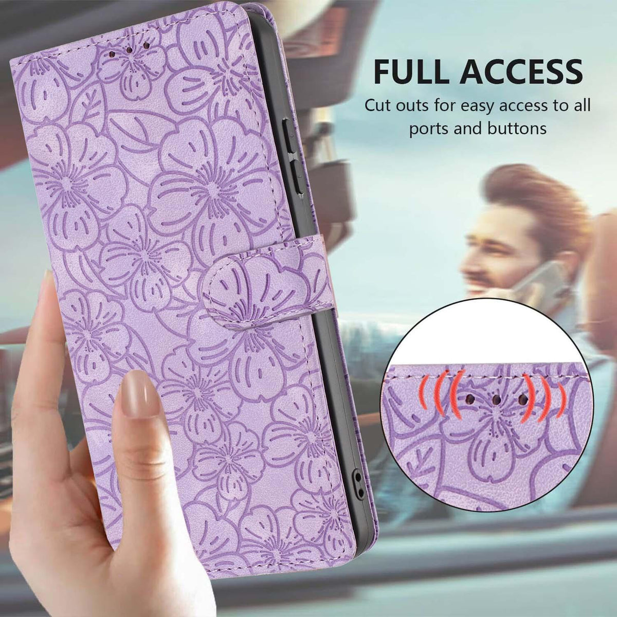 Compatible with iPhone 18 Pro Max Cherry Blossoms Embossed Leather Phone Case - Purple