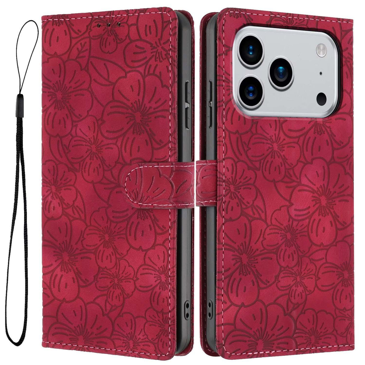 Compatible with iPhone 18 Pro Max Cherry Blossoms Embossed Leather Phone Case - Red