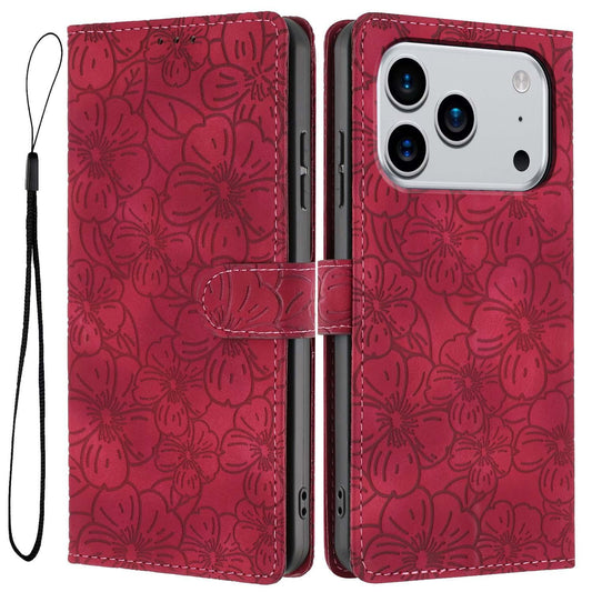 Compatible with iPhone 18 Pro Max Cherry Blossoms Embossed Leather Phone Case - Red