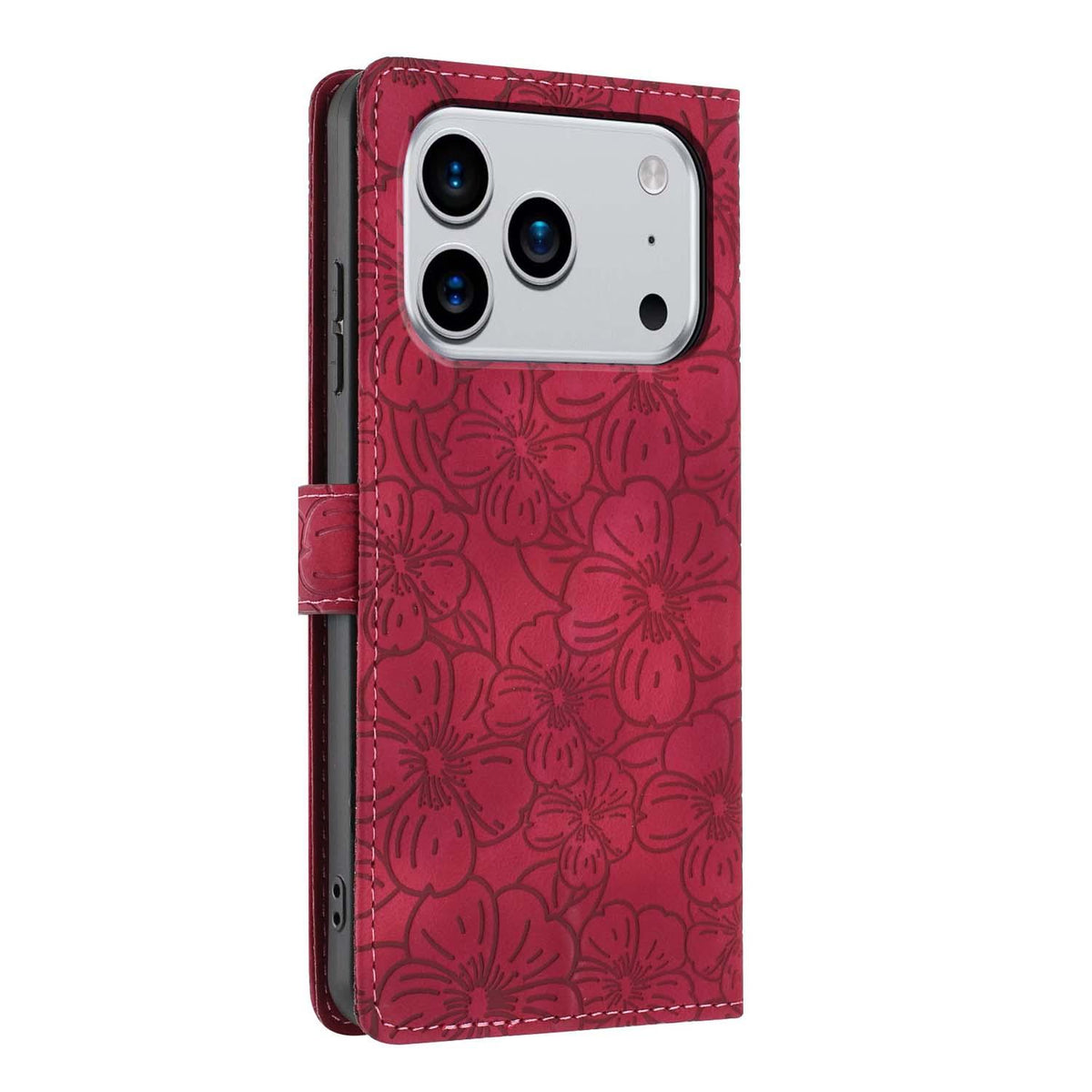 Compatible with iPhone 18 Pro Max Cherry Blossoms Embossed Leather Phone Case - Red