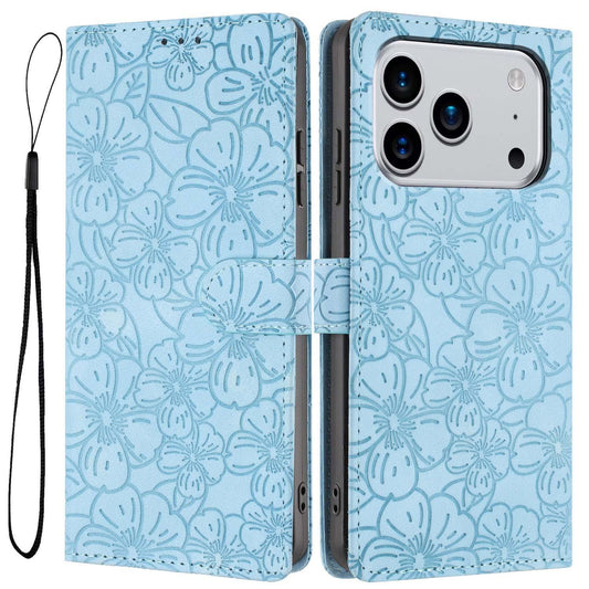 Compatible with iPhone 18 Pro Max Cherry Blossoms Embossed Leather Phone Case - Light Blue
