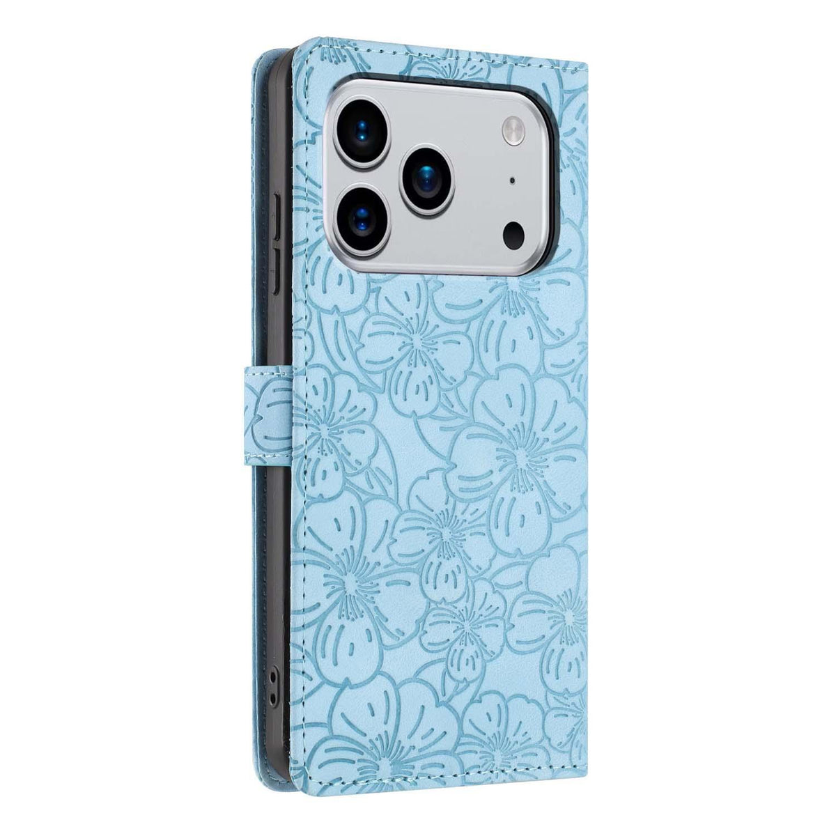 Compatible with iPhone 18 Pro Max Cherry Blossoms Embossed Leather Phone Case - Light Blue