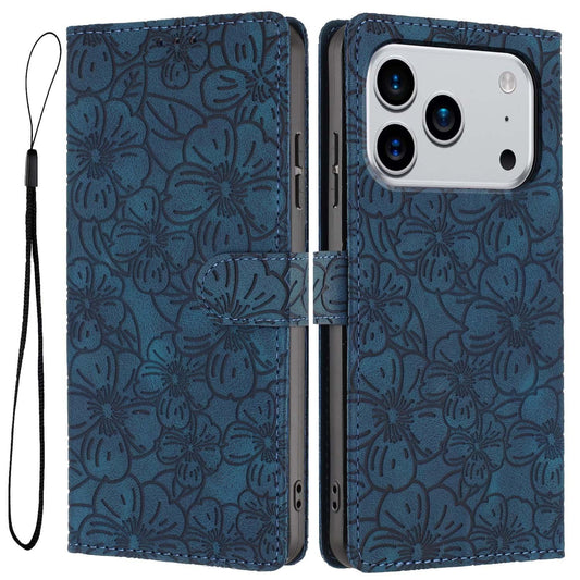 Compatible with iPhone 18 Pro Max Cherry Blossoms Embossed Leather Phone Case - Dark Blue