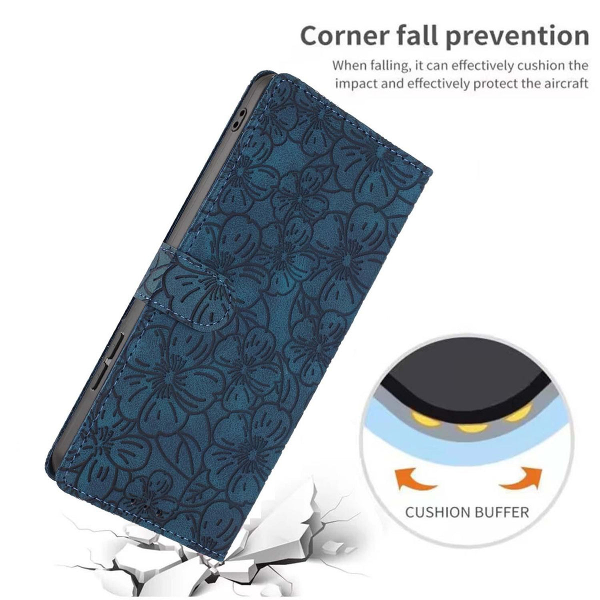 Compatible with iPhone 18 Pro Max Cherry Blossoms Embossed Leather Phone Case - Dark Blue