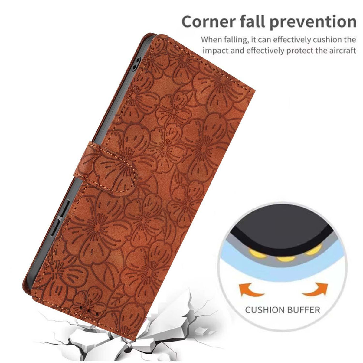 Compatible with iPhone 18 Pro Max Cherry Blossoms Embossed Leather Phone Case - Brown