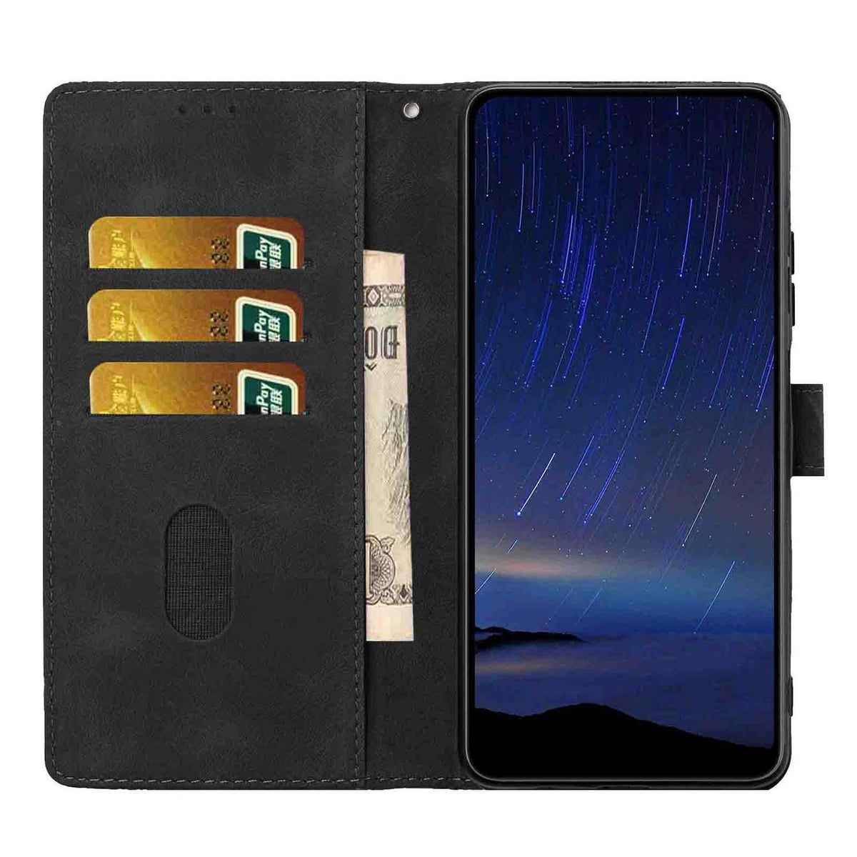 Compatible with iPhone 18 Pro Max Cherry Blossoms Embossed Leather Phone Case - Black