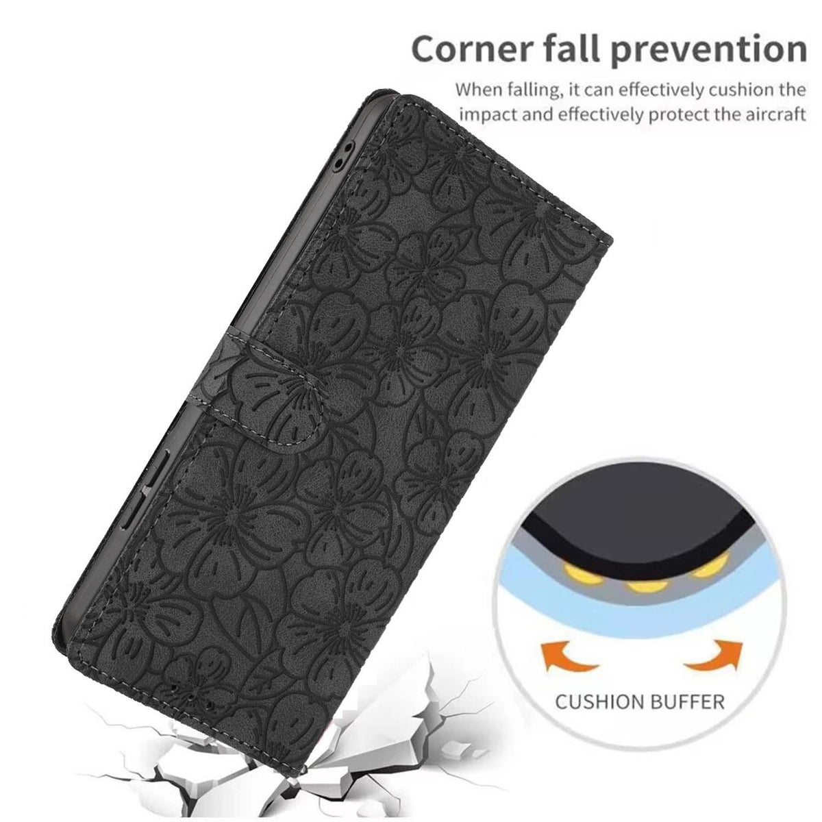 Compatible with iPhone 18 Pro Max Cherry Blossoms Embossed Leather Phone Case - Black