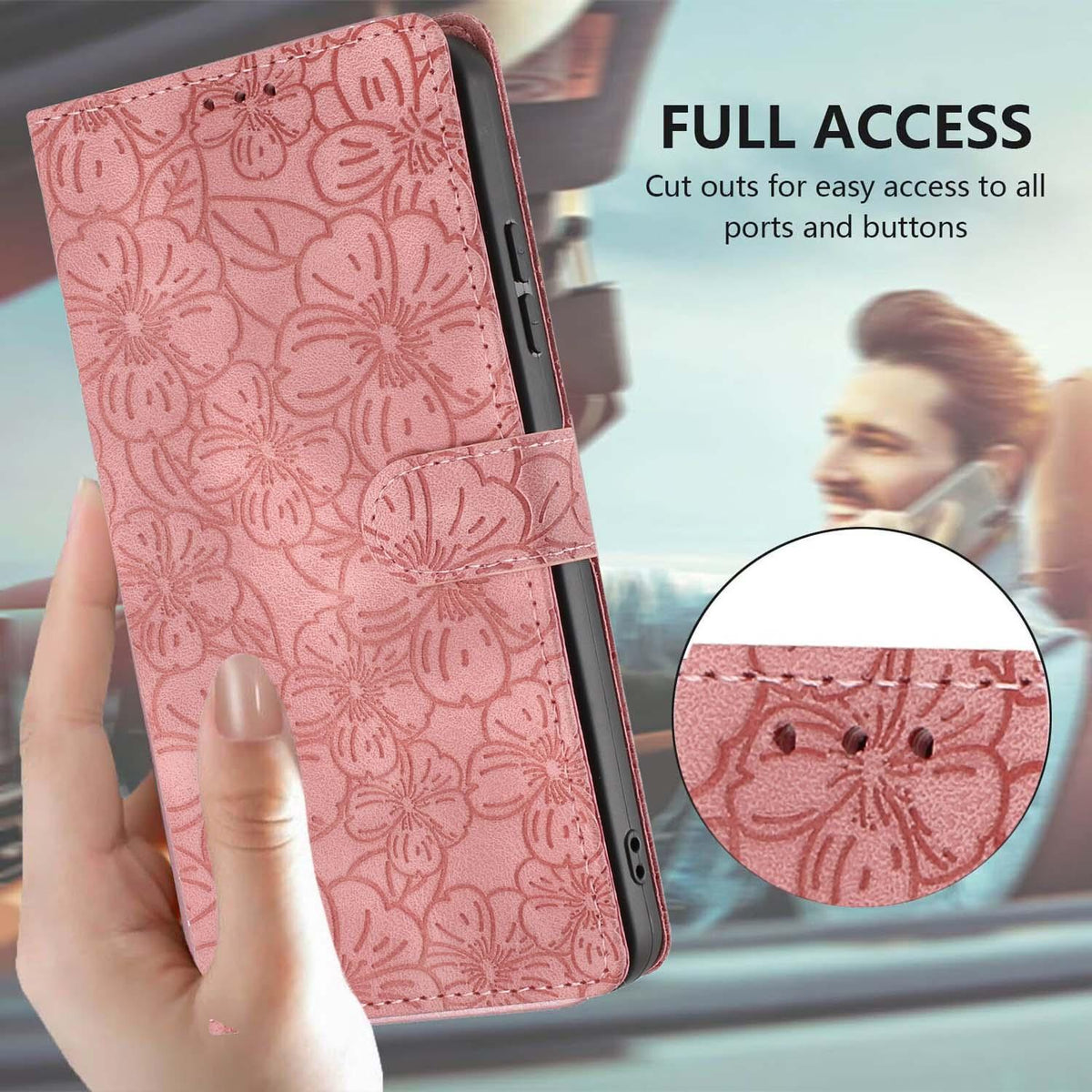 Compatible with iPhone 18 Pro Cherry Blossoms Embossed Leather Phone Case - Pink