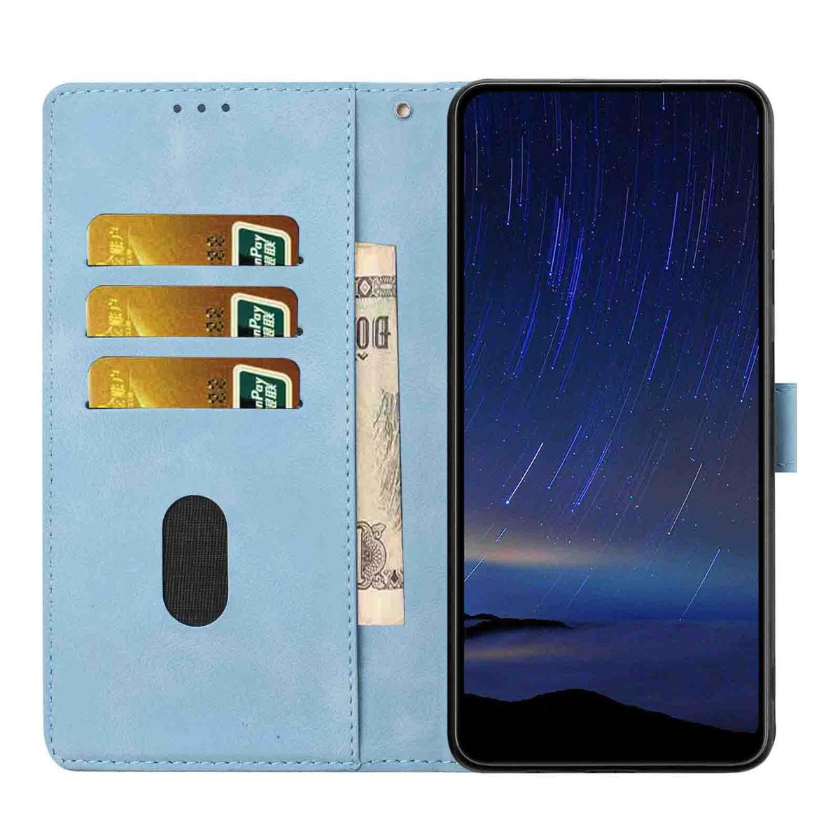 Compatible with iPhone 18 Pro Cherry Blossoms Embossed Leather Phone Case - Light Blue