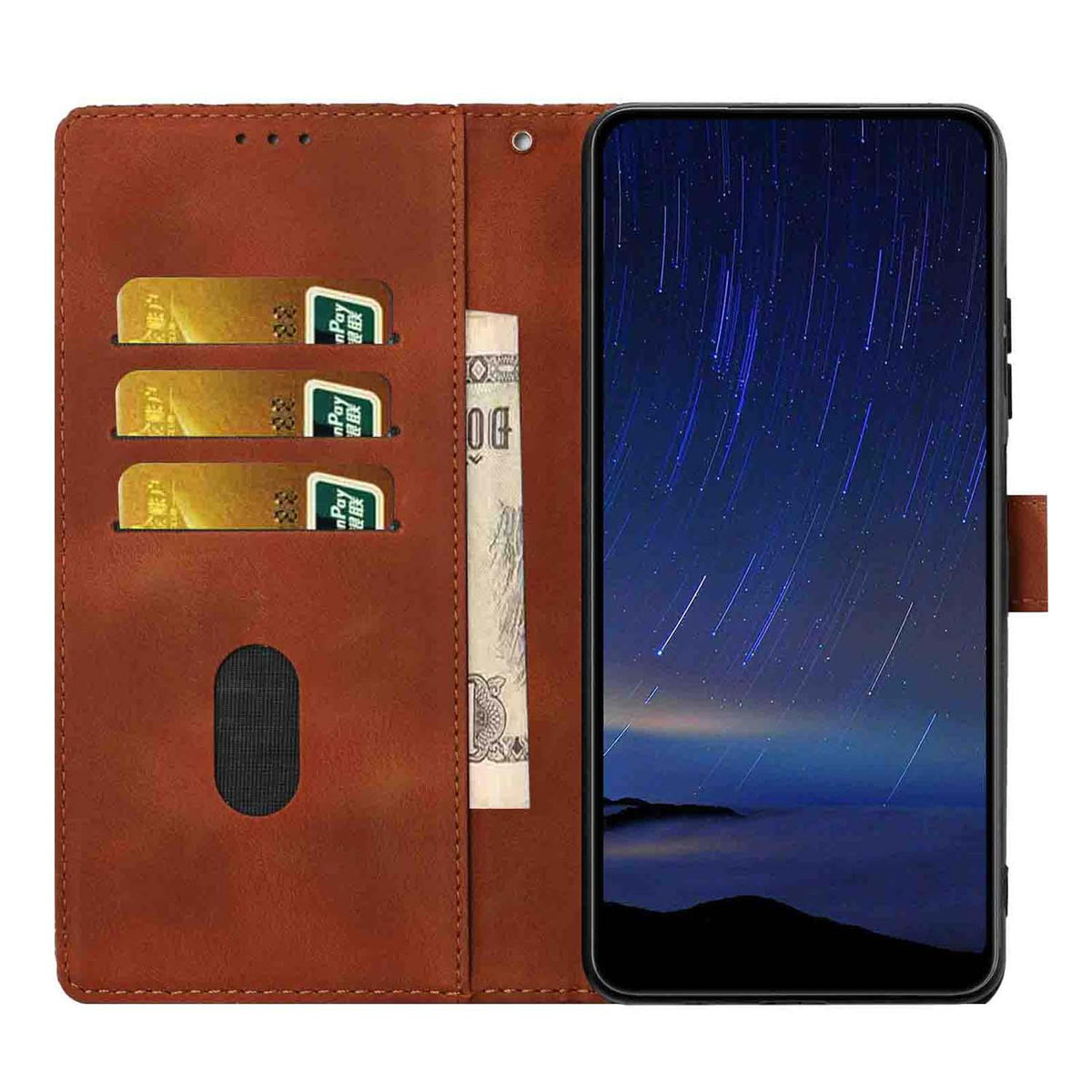 Compatible with iPhone 18 Pro Cherry Blossoms Embossed Leather Phone Case - Brown