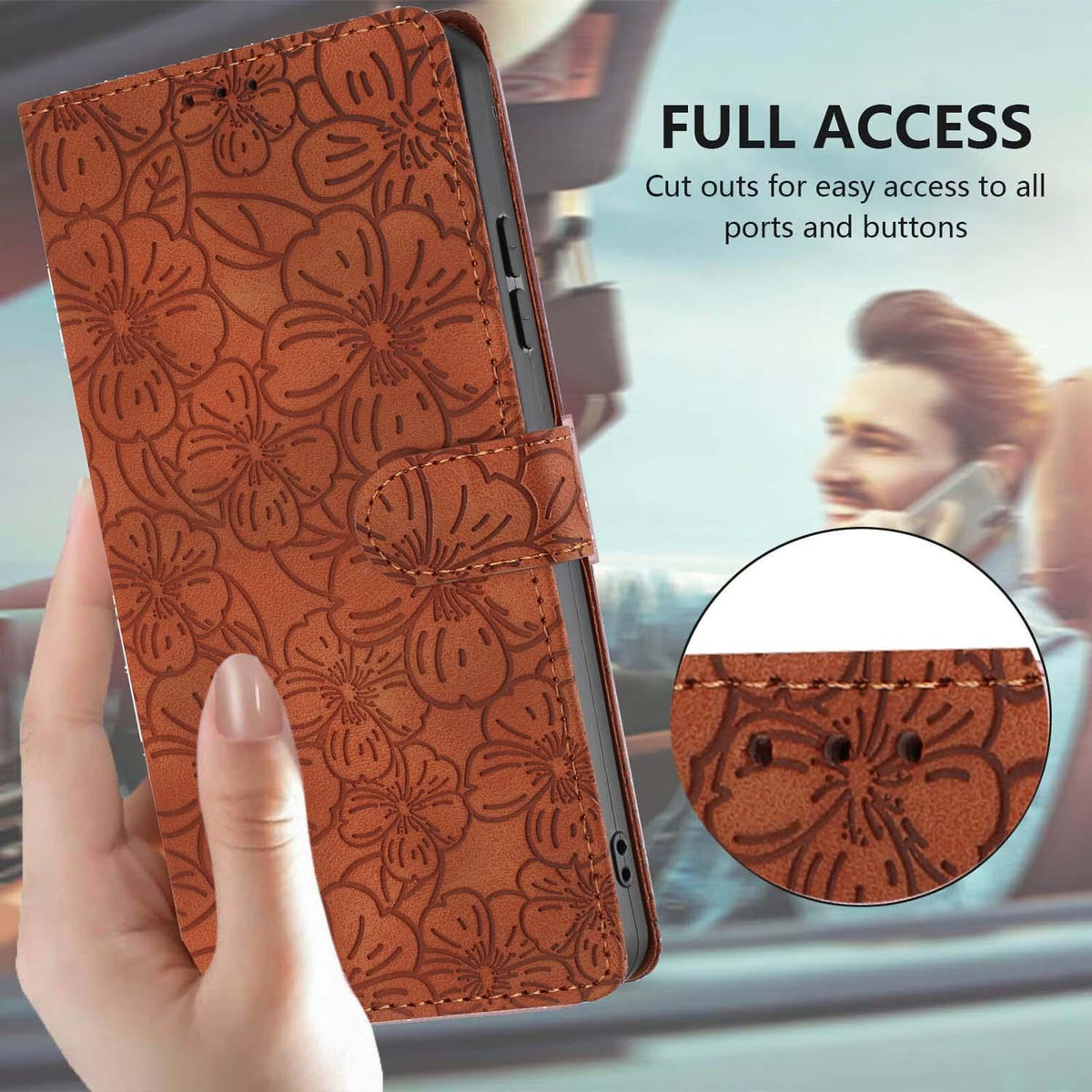 Compatible with iPhone 18 Pro Cherry Blossoms Embossed Leather Phone Case - Brown