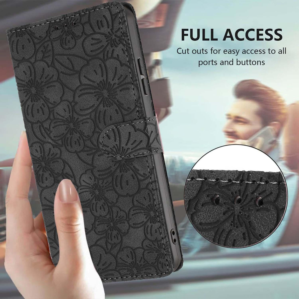 Compatible with iPhone 18 Pro Cherry Blossoms Embossed Leather Phone Case - Black