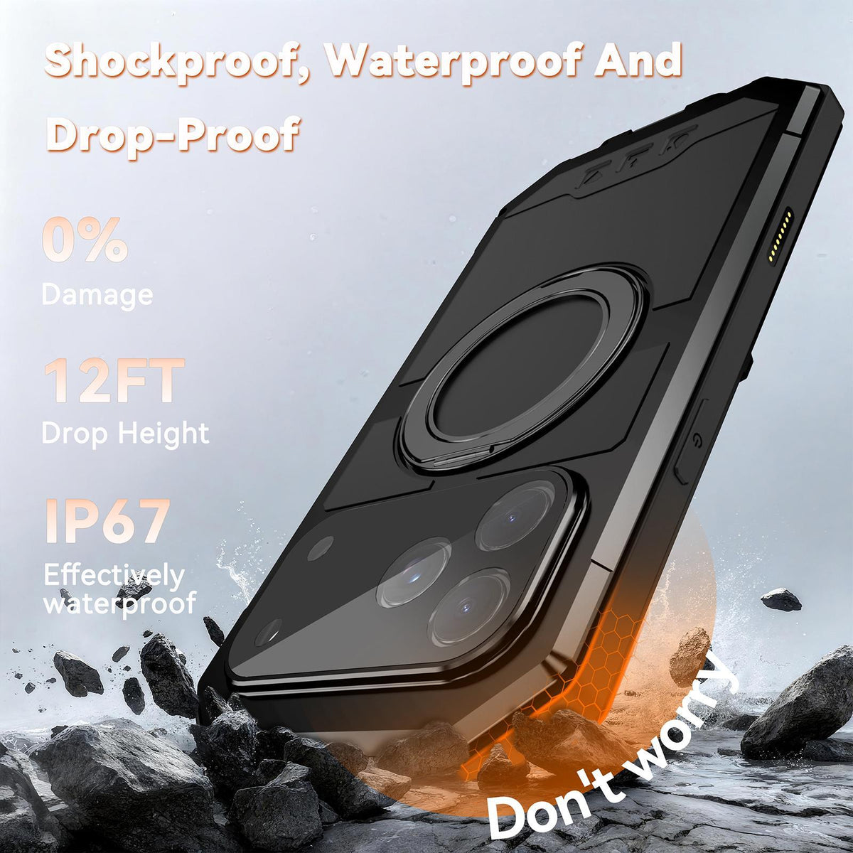 Compatible with iPhone 18 Pro Max R-JUST Life Waterproof Dustproof MagSafe Magnetic Holder Phone Case - Black