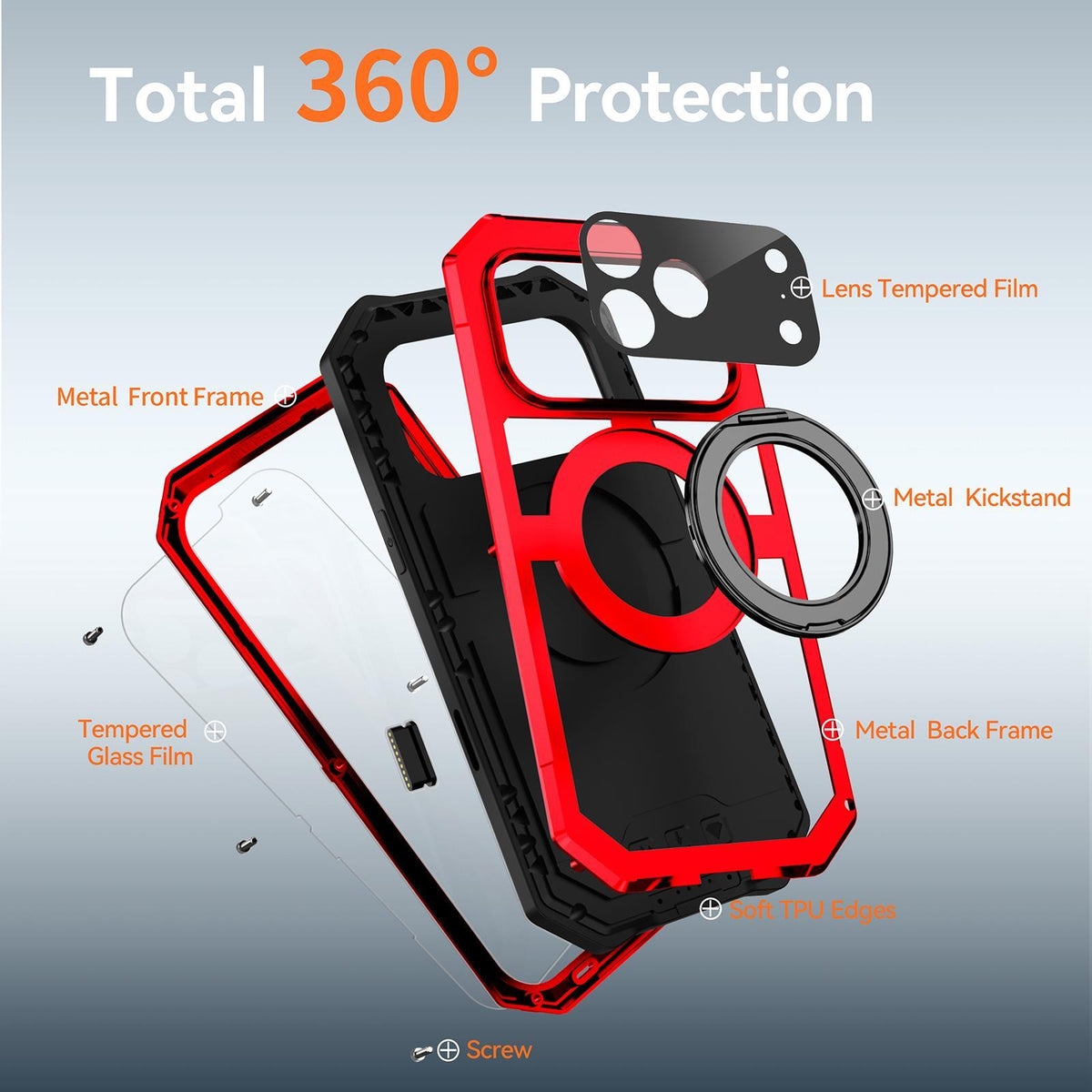 Compatible with iPhone 18 Pro Max R-JUST Life Waterproof Dustproof MagSafe Magnetic Holder Phone Case - Red