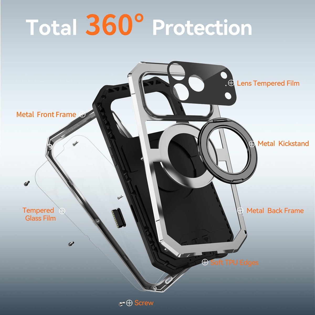 Compatible with iPhone 18 Pro Max R-JUST Life Waterproof Dustproof MagSafe Magnetic Holder Phone Case - Silver