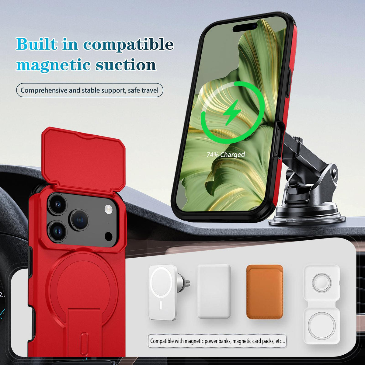 Compatible with iPhone 18 Pro Max Sliding Camshield MagSafe Holder Phone Case - Red
