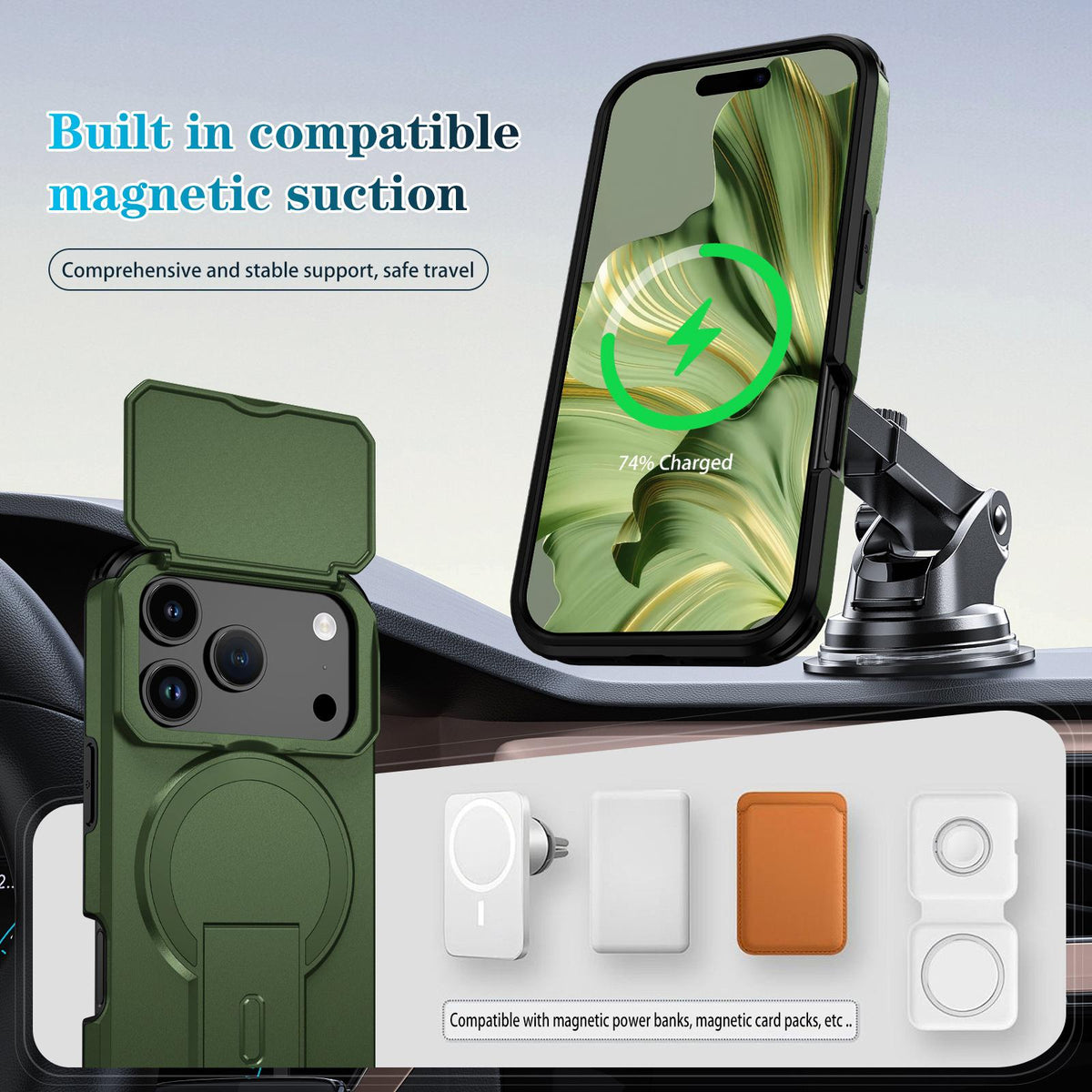Compatible with iPhone 18 Pro Max Sliding Camshield MagSafe Holder Phone Case - Green