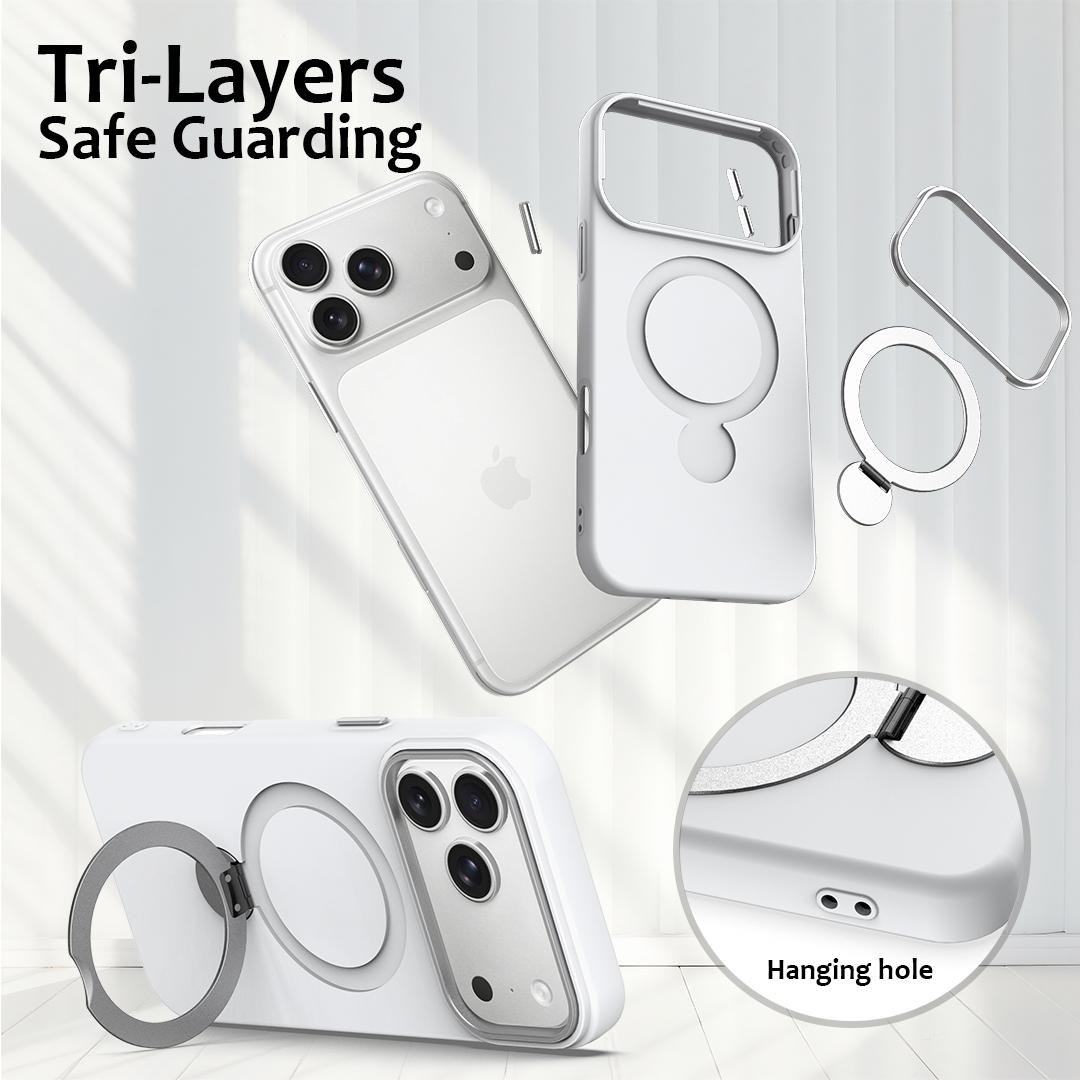 Compatible with iPhone 18 Pro Max Gen1.5 Pivot Ring Holder TPU Dual-Layer PC Phone Case - White