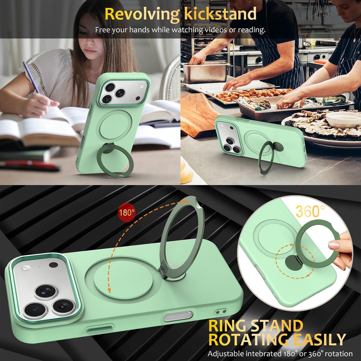 Compatible with iPhone 18 Pro Max Gen1.5 Pivot Ring Holder TPU Dual-Layer PC Phone Case - Green