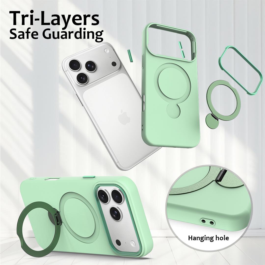 Compatible with iPhone 18 Pro Max Gen1.5 Pivot Ring Holder TPU Dual-Layer PC Phone Case - Green