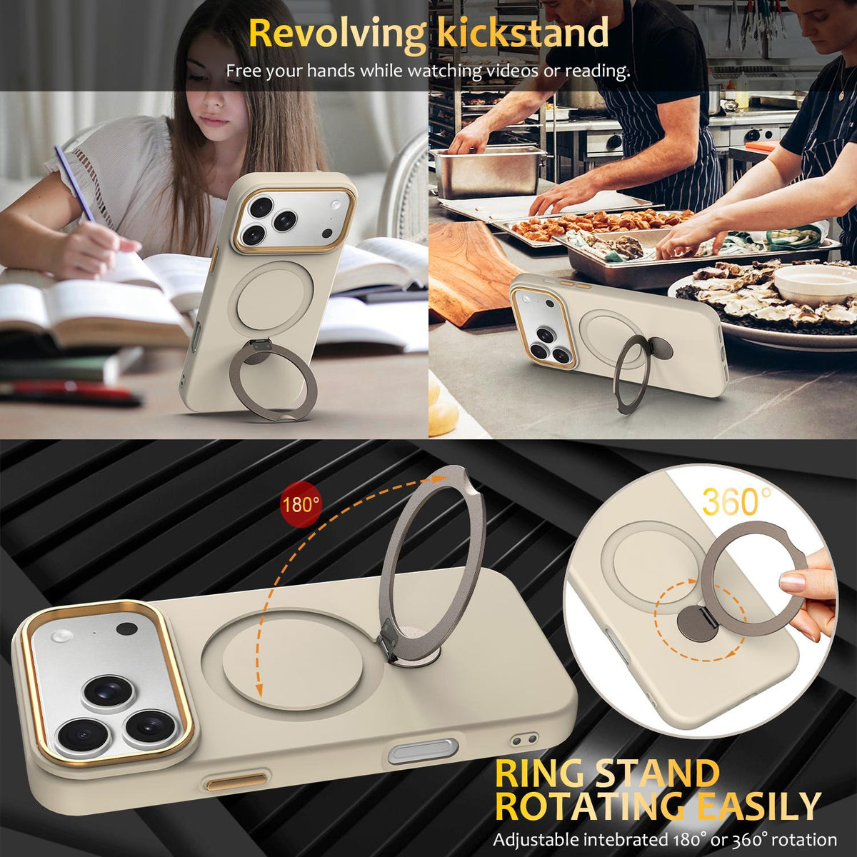 Compatible with iPhone 18 Pro Max Gen1.5 Pivot Ring Holder TPU Dual-Layer PC Phone Case - Apricot