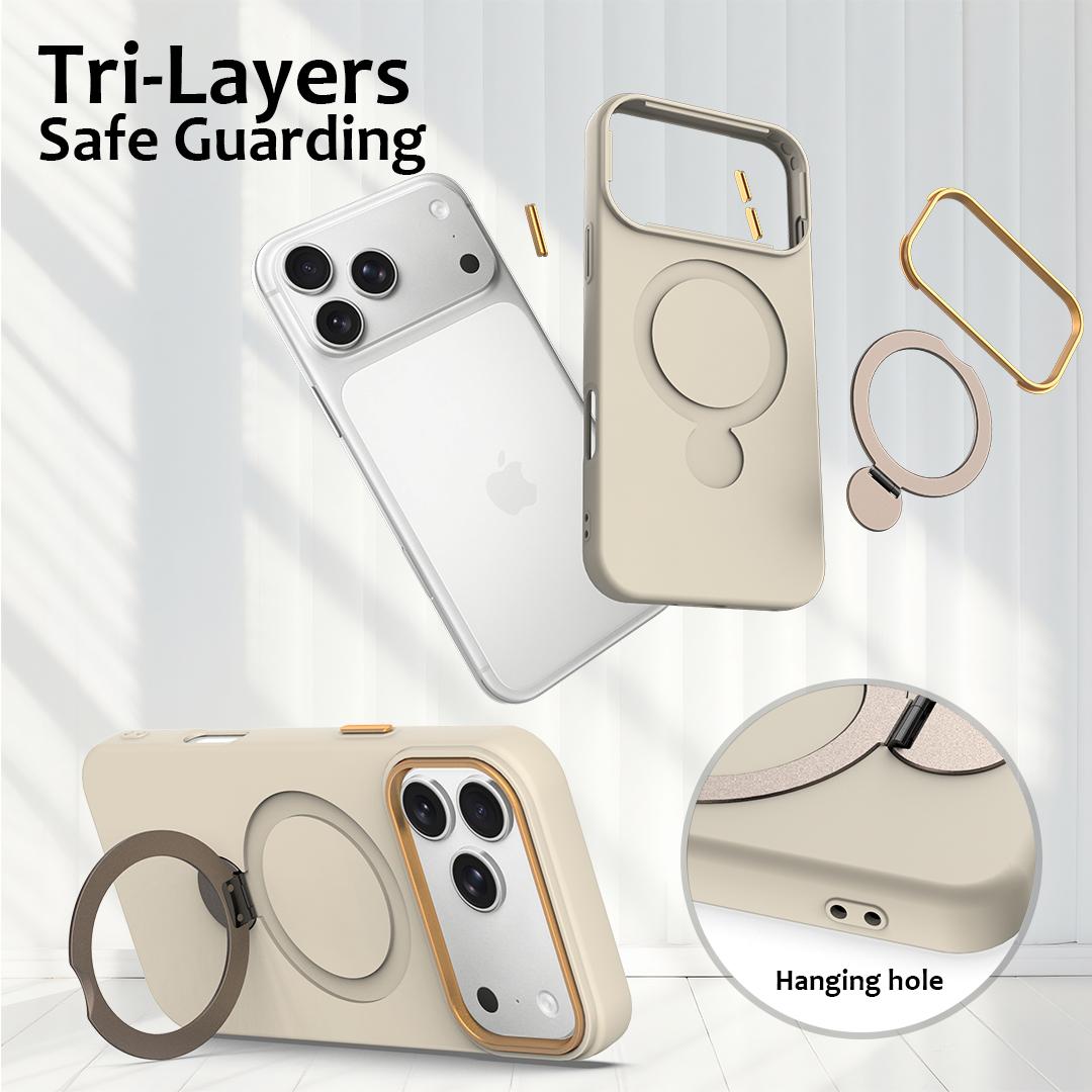 Compatible with iPhone 18 Pro Max Gen1.5 Pivot Ring Holder TPU Dual-Layer PC Phone Case - Apricot