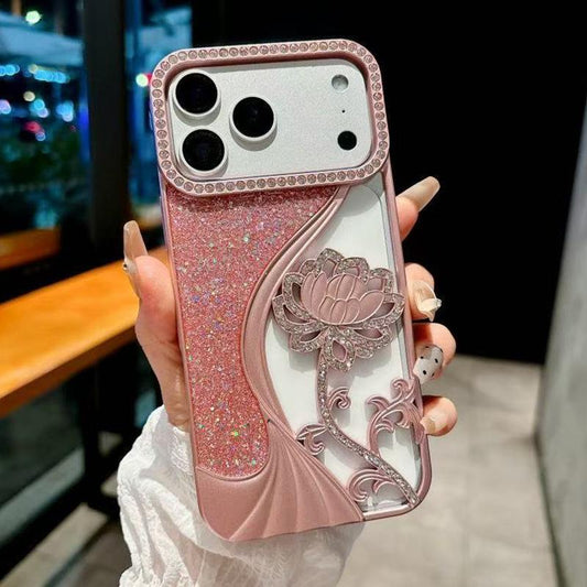 Compatible with iPhone 18 Pro Max Electroplated TPU Lotus Hollow-carved Rhinestone Glitter Phone Case - Pink