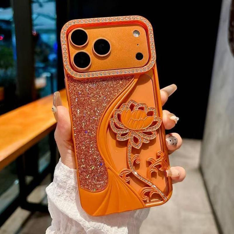 Compatible with iPhone 18 Pro Max Electroplated TPU Lotus Hollow-carved Rhinestone Glitter Phone Case - Orange