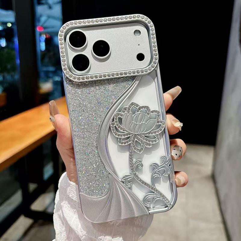 Compatible with iPhone 18 Pro Max Electroplated TPU Lotus Hollow-carved Rhinestone Glitter Phone Case - Silver