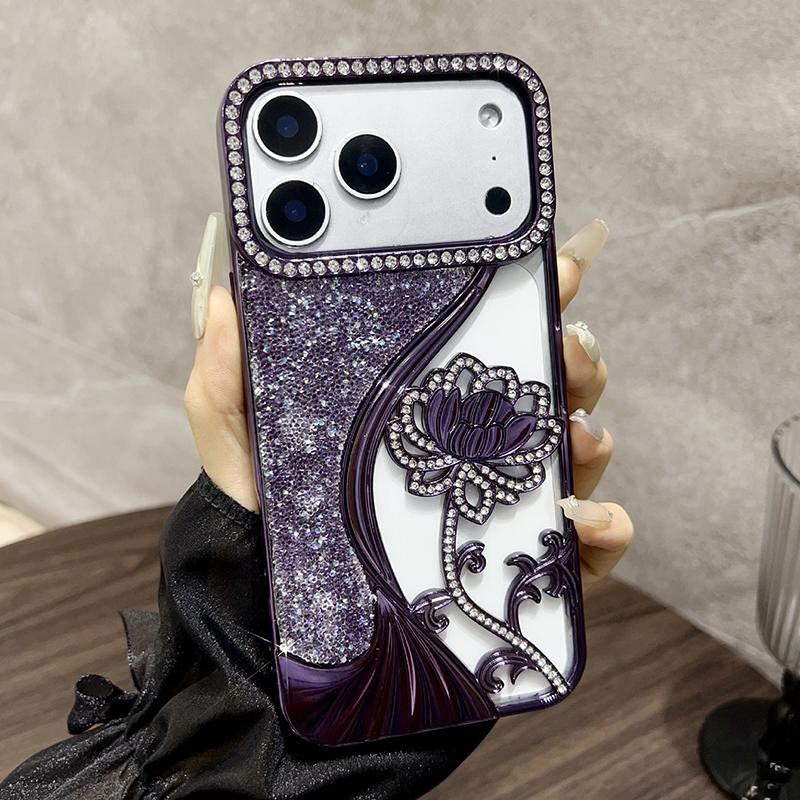 Compatible with iPhone 18 Pro Max Electroplated TPU Lotus Hollow-carved Rhinestone Glitter Phone Case - Purple