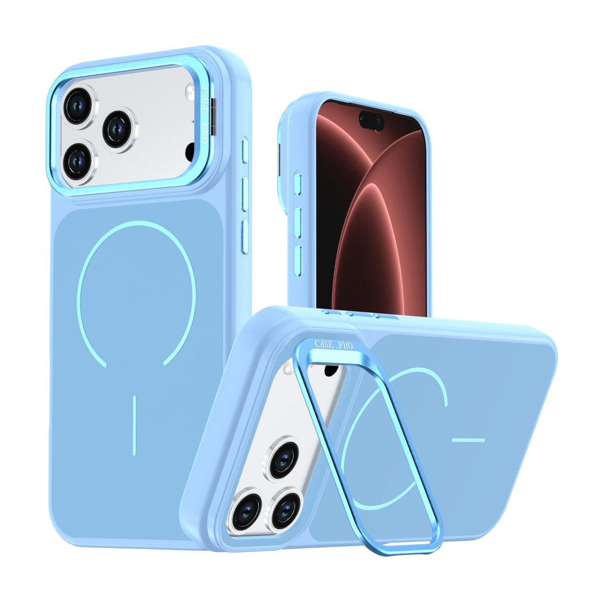 Compatible with iPhone 18 Pro Bright Color Contrast Skin-feel Camera Bracket Magsafe Phone Case - Light Blue