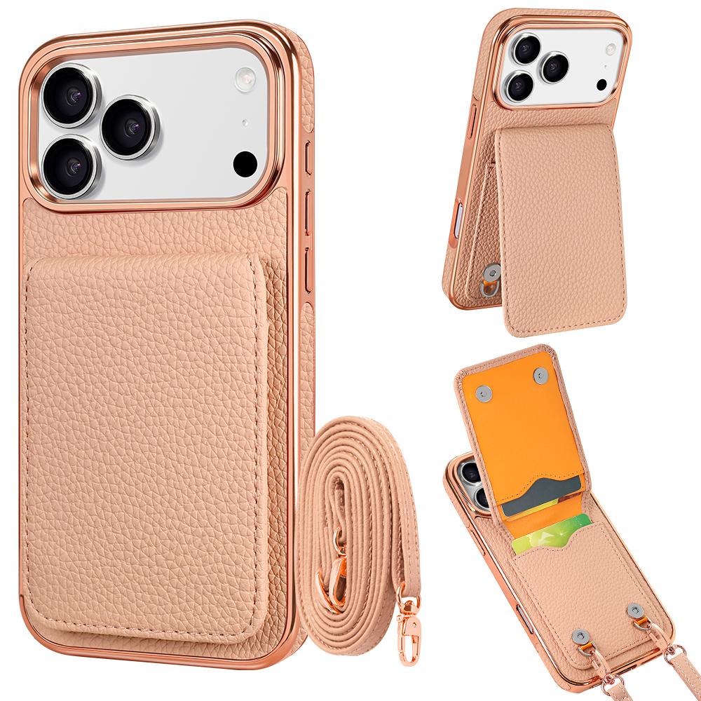 Compatible with iPhone 18 Pro Max VIETAO Litchi Texture Wallet PU Phone Case with Lanyard - Pink
