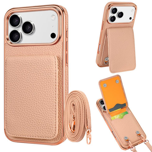Compatible with iPhone 18 Pro Max VIETAO Litchi Texture Wallet PU Phone Case with Lanyard - Pink