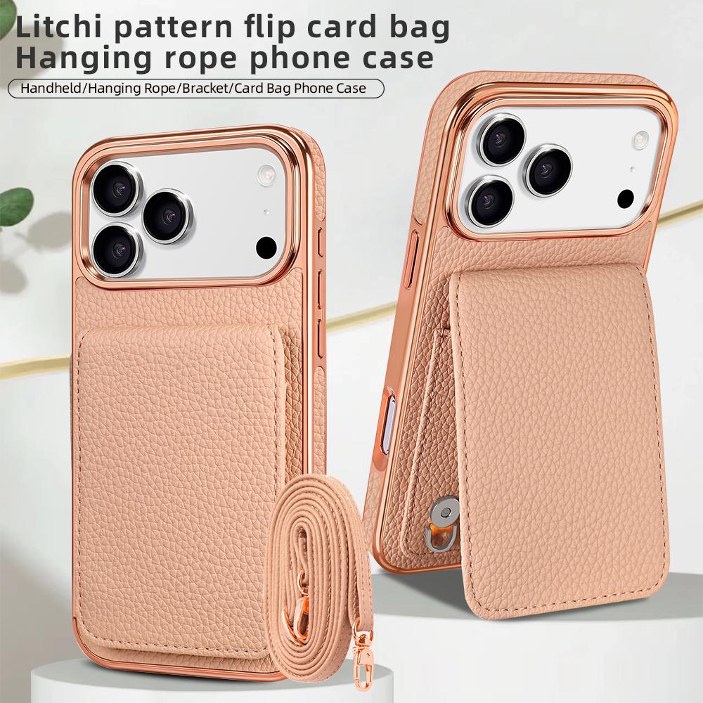 Compatible with iPhone 18 Pro Max VIETAO Litchi Texture Wallet PU Phone Case with Lanyard - Pink