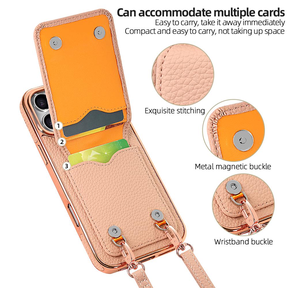 Compatible with iPhone 18 Pro Max VIETAO Litchi Texture Wallet PU Phone Case with Lanyard - Pink