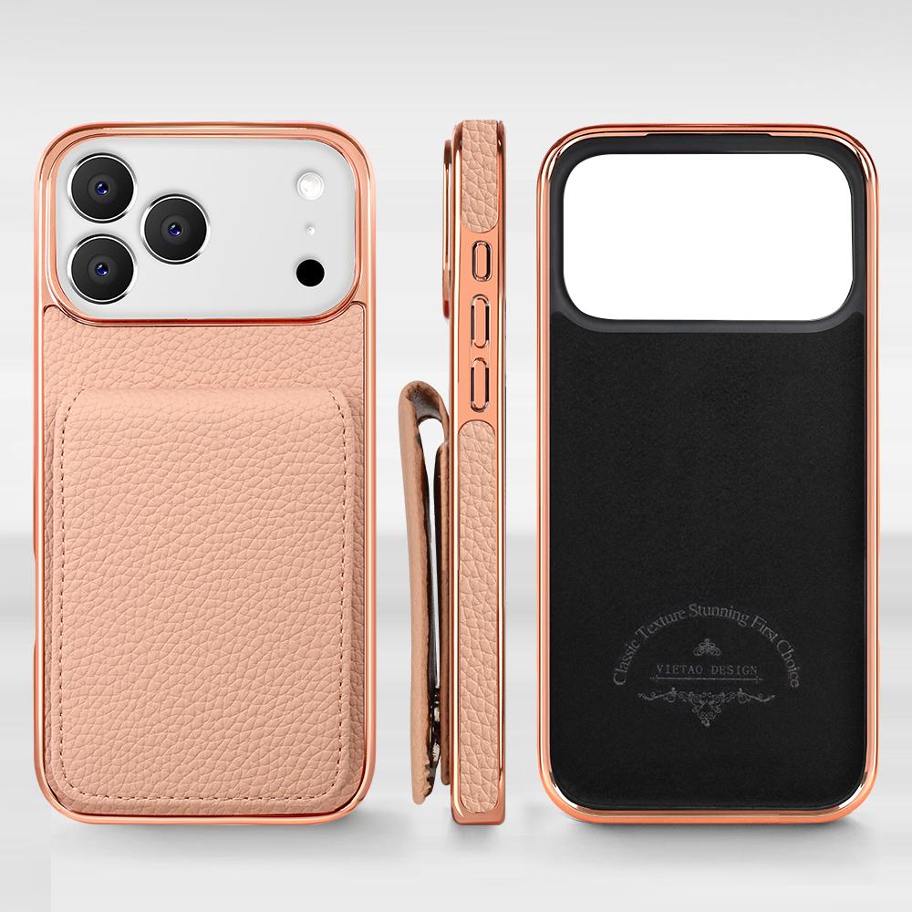Compatible with iPhone 18 Pro Max VIETAO Litchi Texture Wallet PU Phone Case with Lanyard - Pink