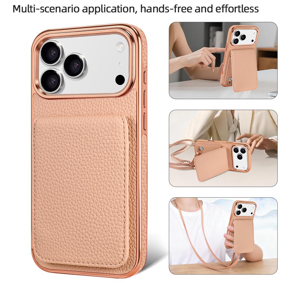 Compatible with iPhone 18 Pro Max VIETAO Litchi Texture Wallet PU Phone Case with Lanyard - Pink