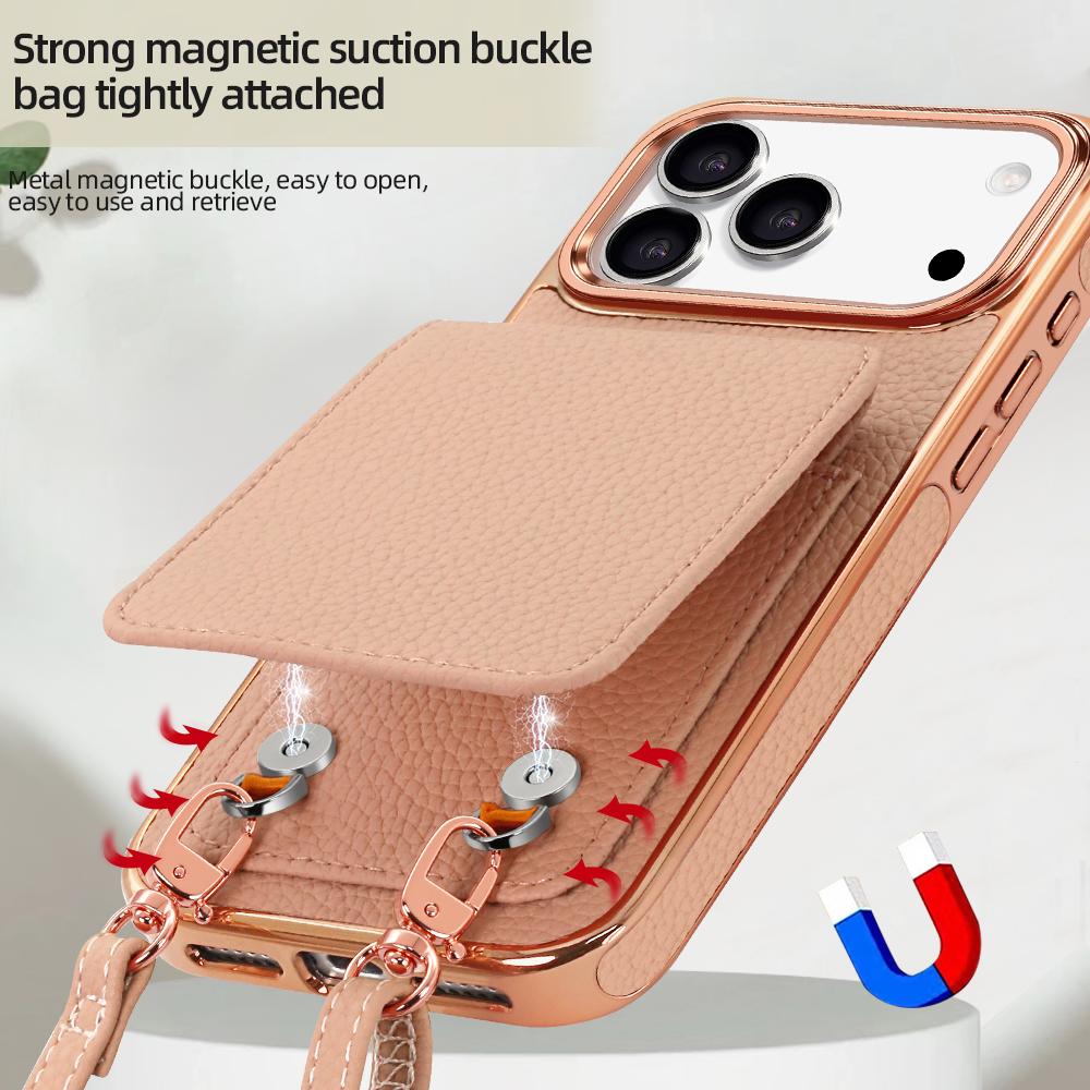 Compatible with iPhone 18 Pro Max VIETAO Litchi Texture Wallet PU Phone Case with Lanyard - Pink