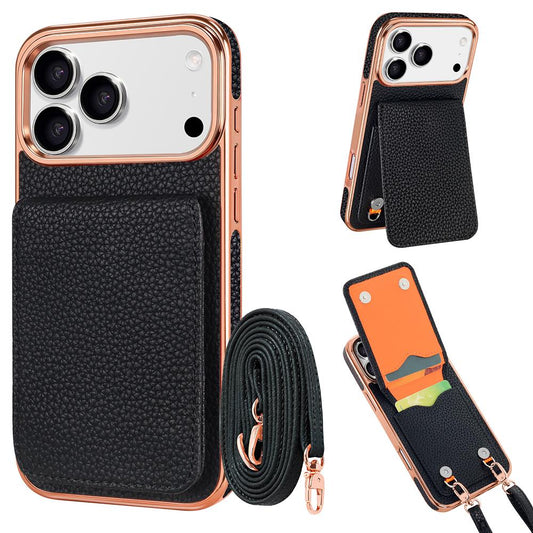 Compatible with iPhone 18 Pro Max VIETAO Litchi Texture Wallet PU Phone Case with Lanyard - Black