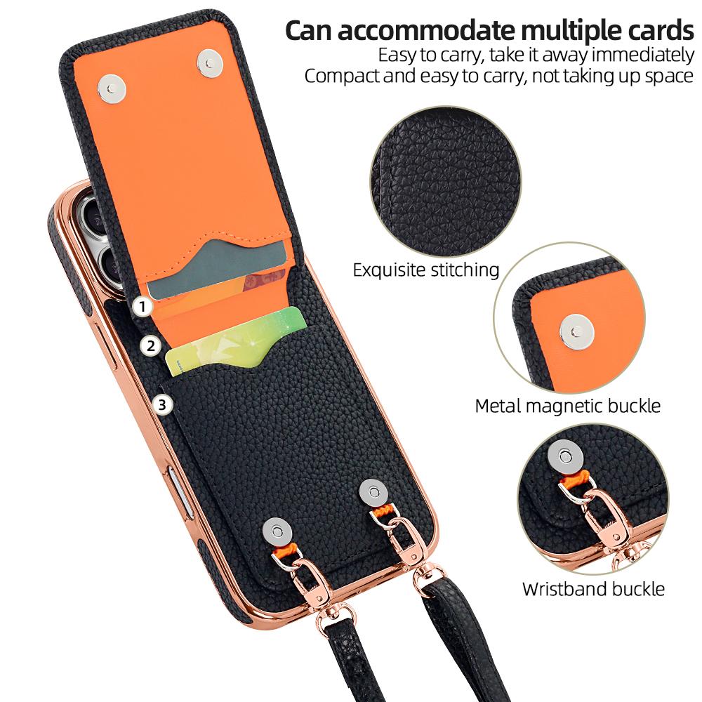 Compatible with iPhone 18 Pro Max VIETAO Litchi Texture Wallet PU Phone Case with Lanyard - Black