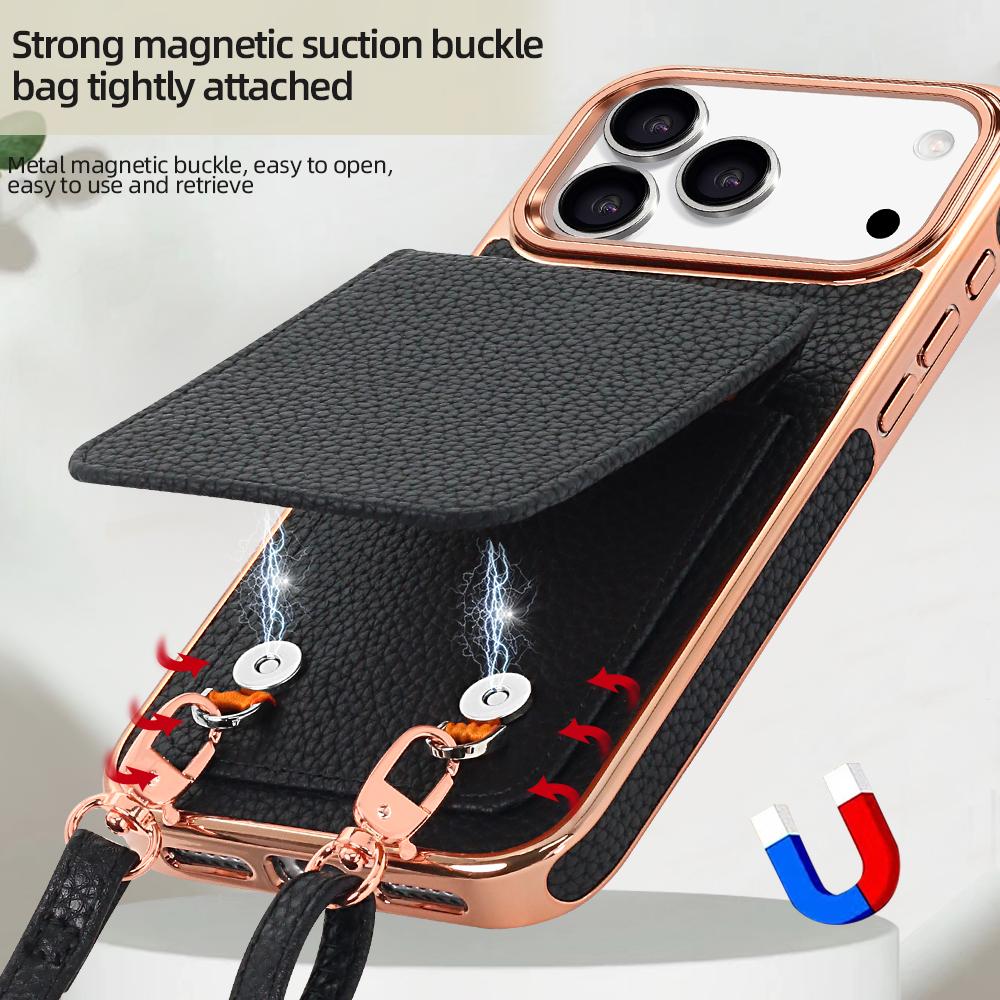Compatible with iPhone 18 Pro Max VIETAO Litchi Texture Wallet PU Phone Case with Lanyard - Black