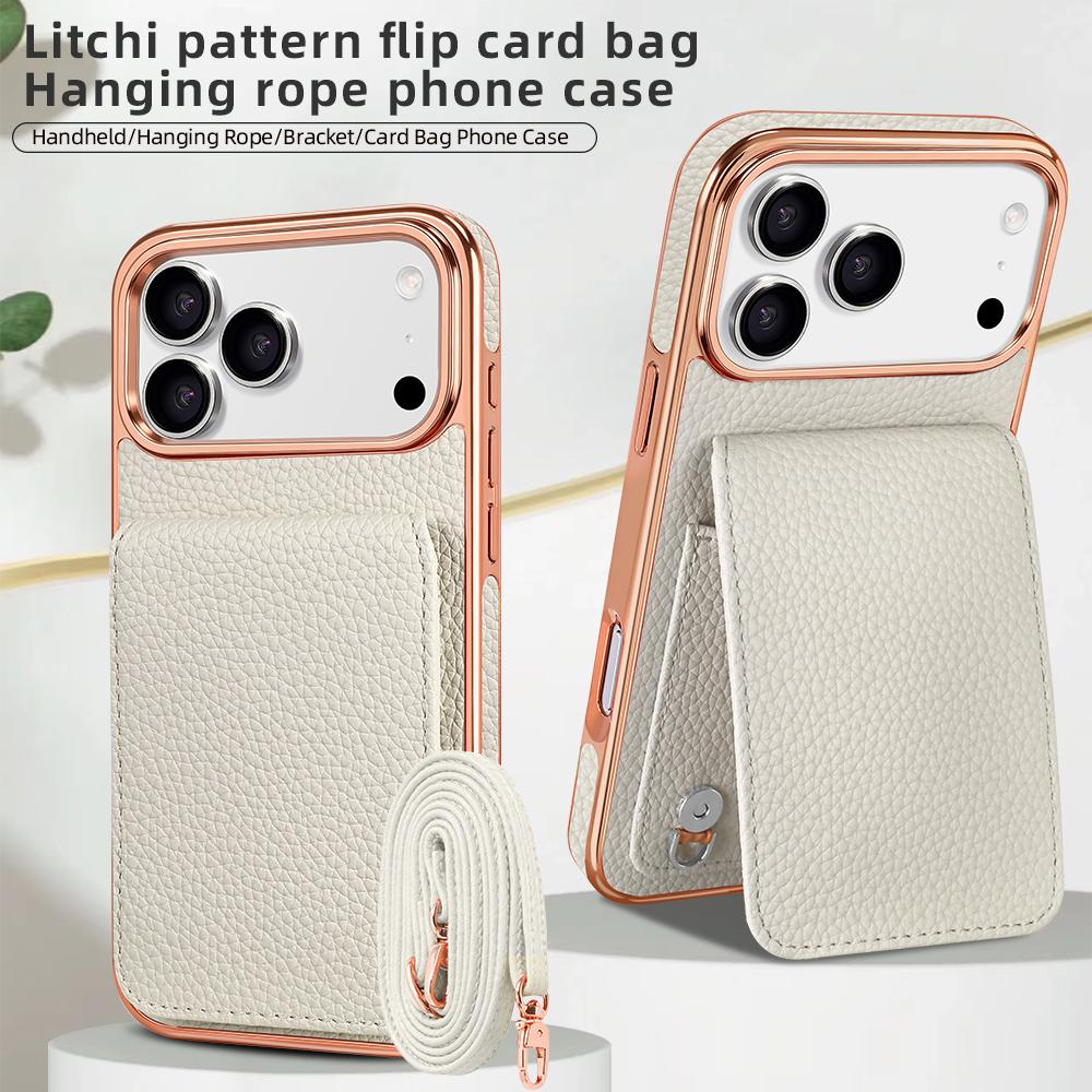 Compatible with iPhone 18 Pro Max VIETAO Litchi Texture Wallet PU Phone Case with Lanyard - White