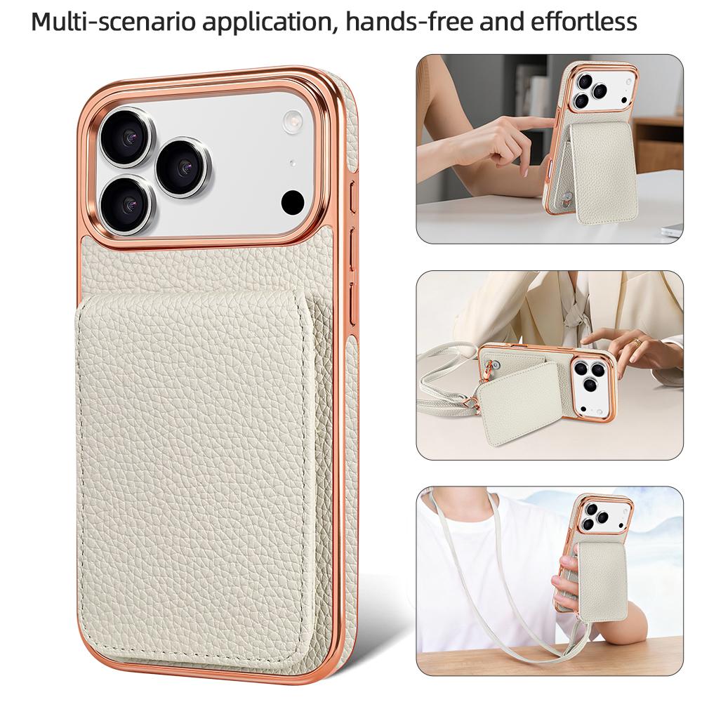 Compatible with iPhone 18 Pro Max VIETAO Litchi Texture Wallet PU Phone Case with Lanyard - White