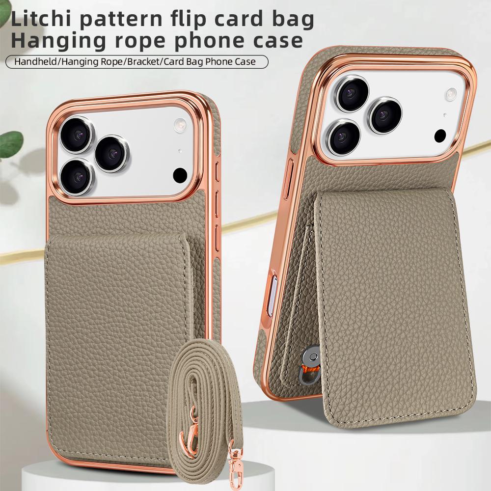 Compatible with iPhone 18 Pro Max VIETAO Litchi Texture Wallet PU Phone Case with Lanyard - Grey