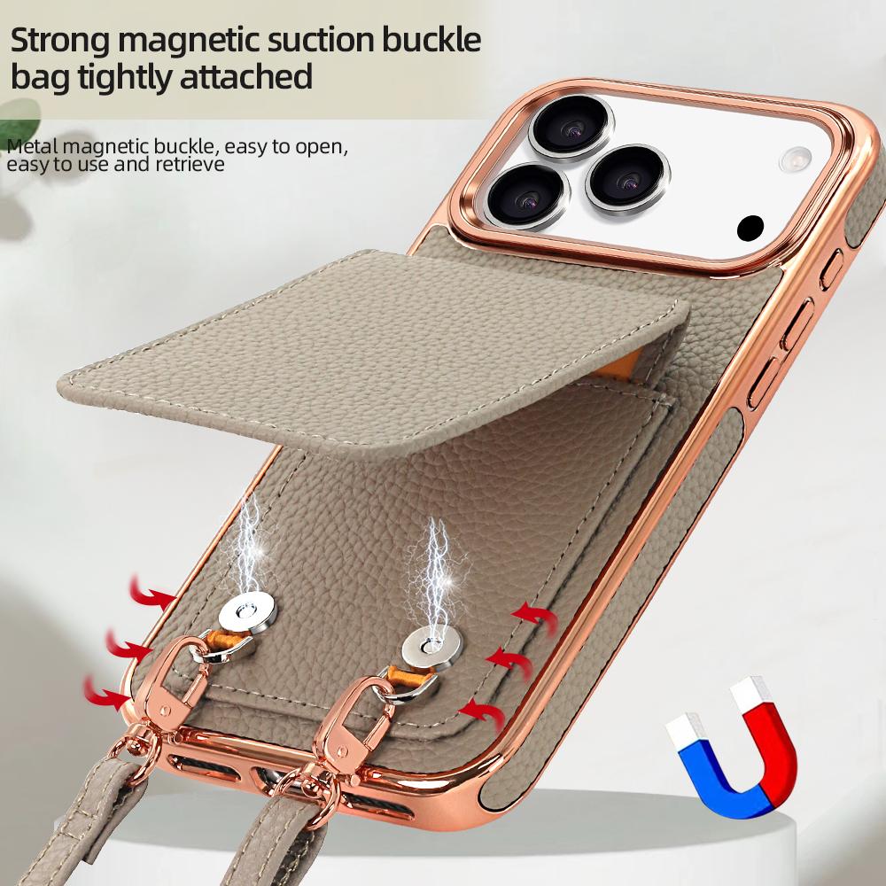 Compatible with iPhone 18 Pro Max VIETAO Litchi Texture Wallet PU Phone Case with Lanyard - Grey